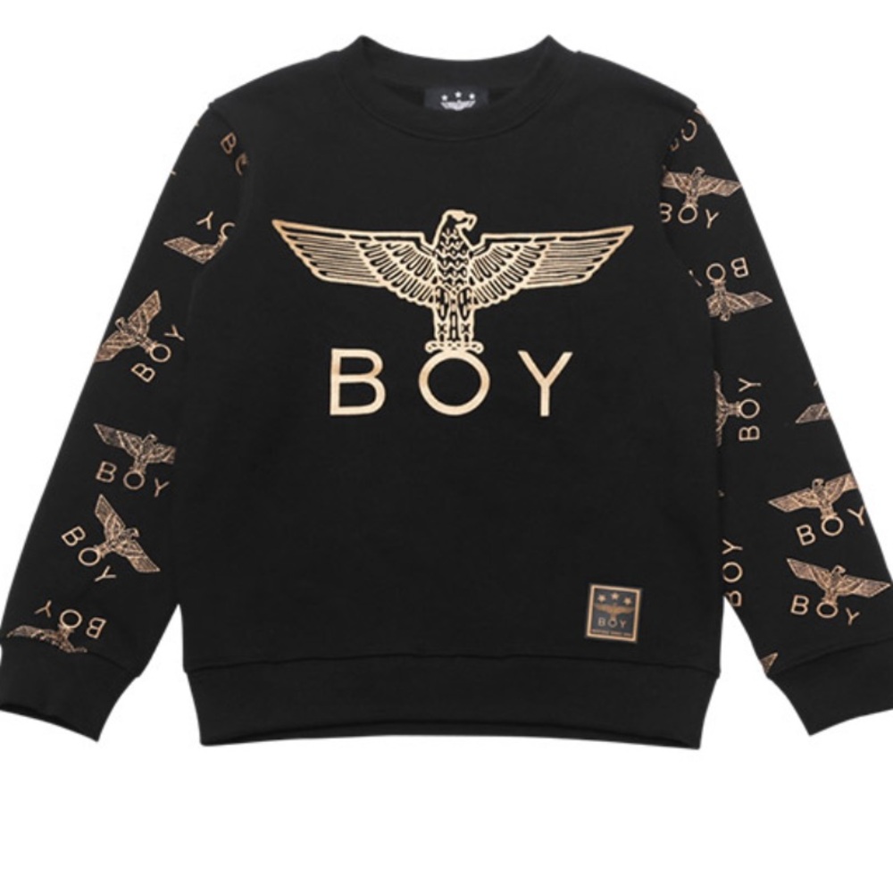 Boy London Black Metallic Gold Logo Allover Sleeve Print Eagle Sweatshirt NWOT L